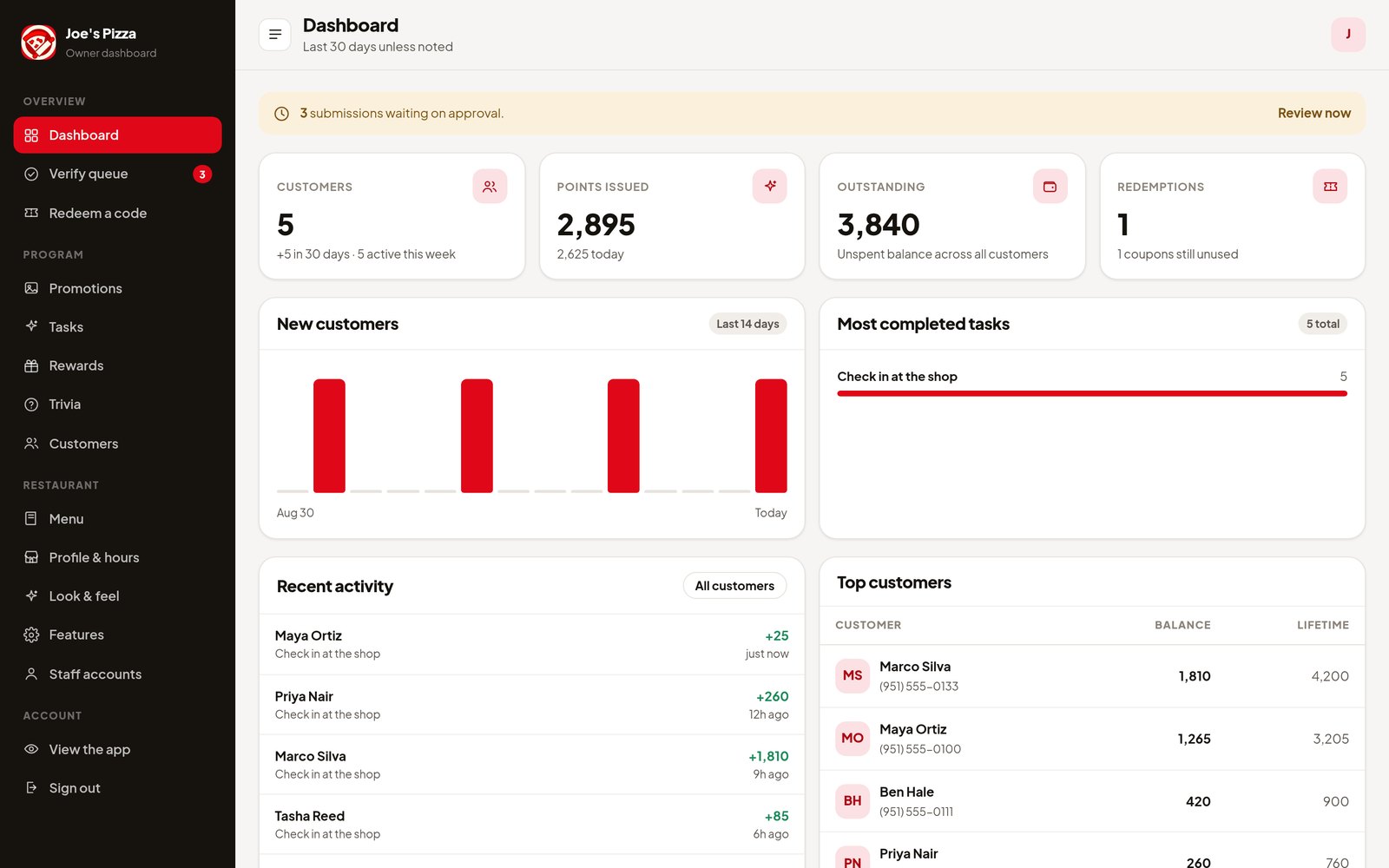 The owner dashboard showing customers, points issued, outstanding balance and recent activity