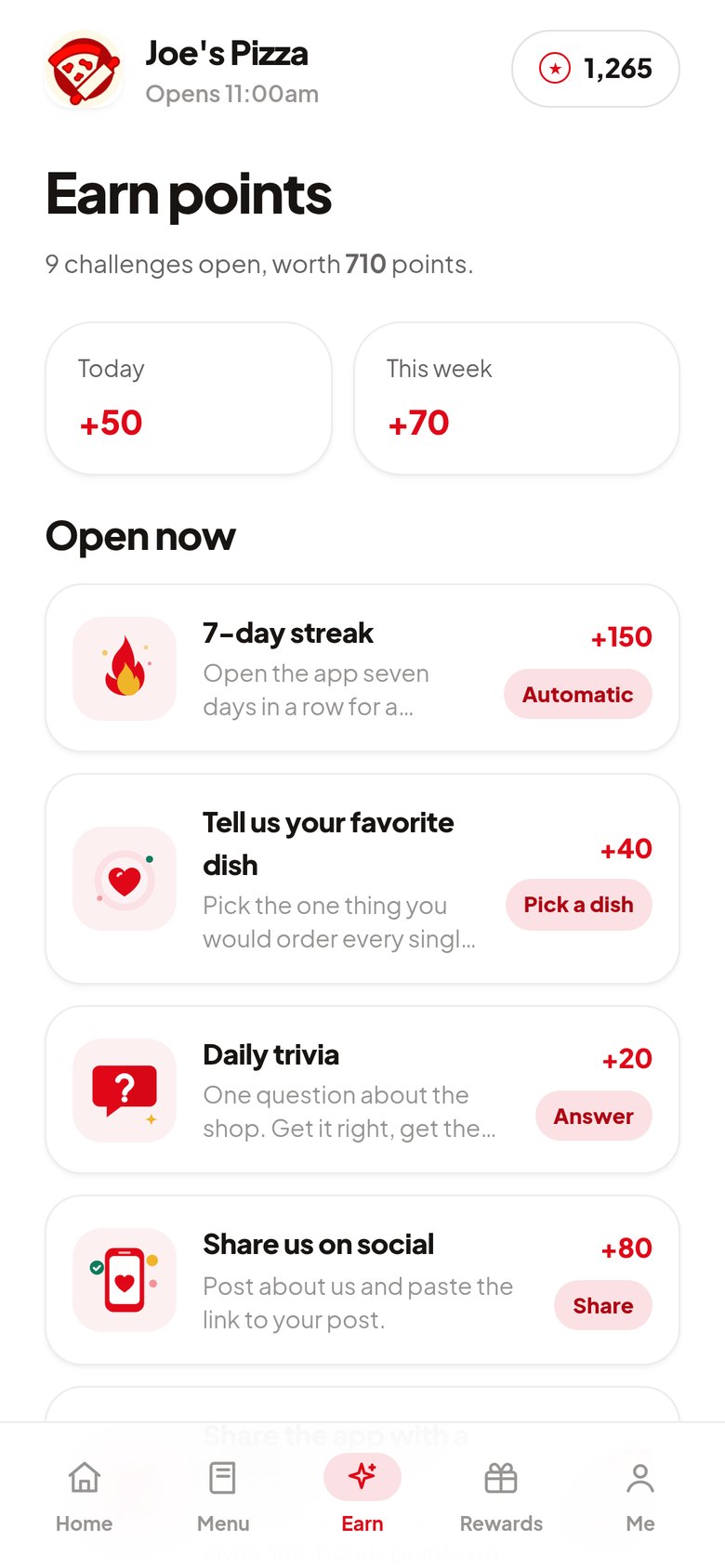 The app for a pizzeria, showing its logo and red brand color