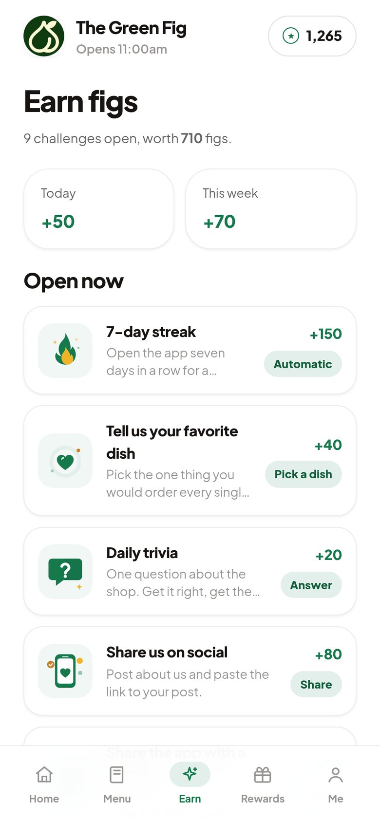The same app for a farm to table restaurant, with its own logo, green brand color and points renamed to figs