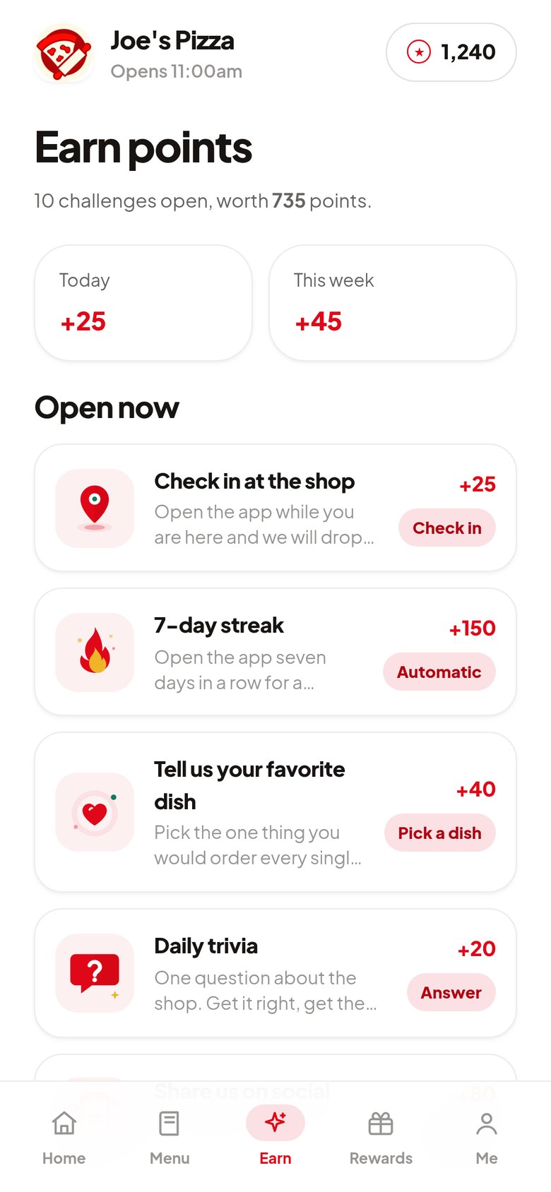 The earn screen listing today's challenges and what each pays
