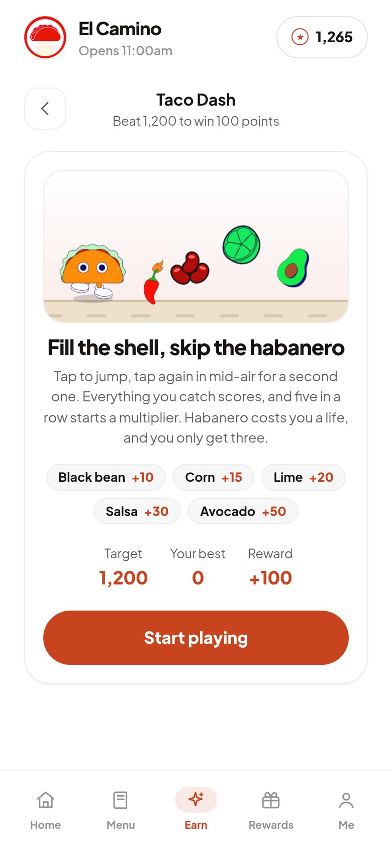The game themed for a taco shop, in that restaurant's colors