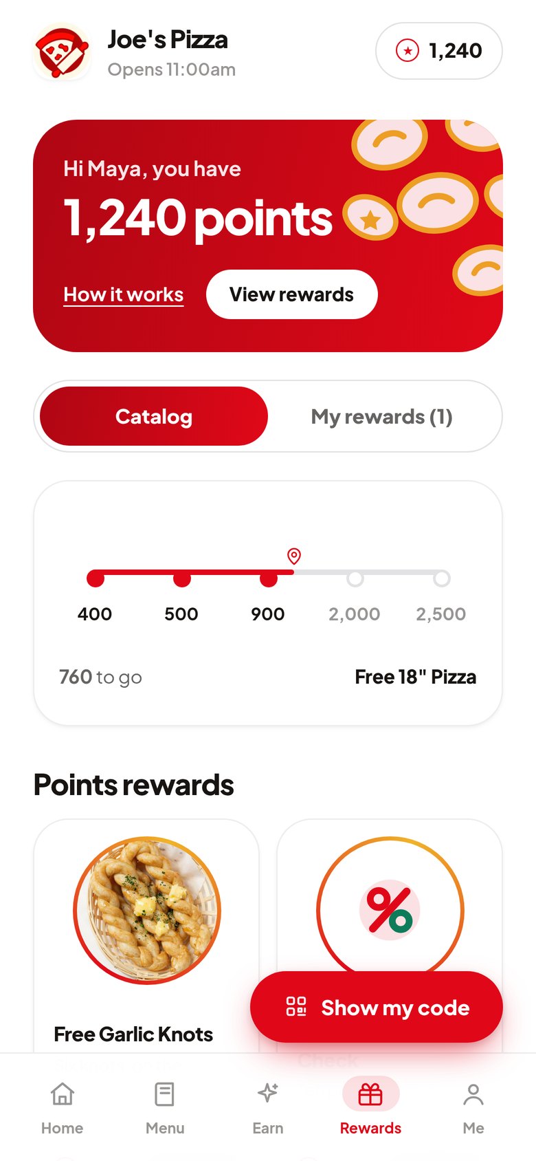 The rewards catalog with a progress track to the next reward